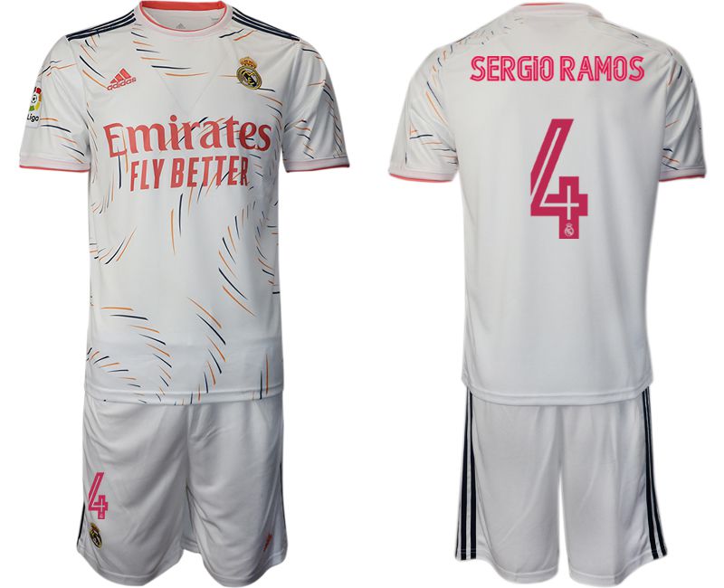Men 2021-2022 Club Real Madrid home white #4 Adidas Soccer Jersey->real madrid jersey->Soccer Club Jersey